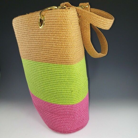 Woven Paper Straw w Metal Trim Purse Tote Beach Bag Green Pink Tan Footed Lined - Picture 4 of 11